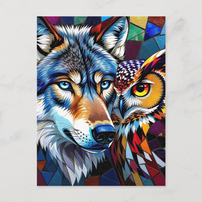 Hyperreaslistic Wolf and Owl Mosaic Postcard (Front)