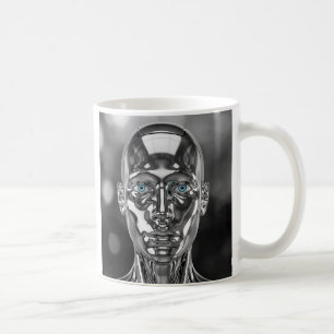 Hypnitic-eyed chrome robot coffee mug