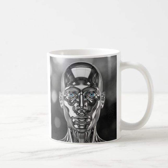 Hypnitic-eyed chrome robot coffee mug (Right)