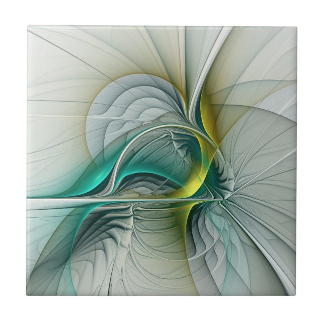 Hypnotic Abstract Golden Turquoise Teal Fractal Ceramic Tile (Front)