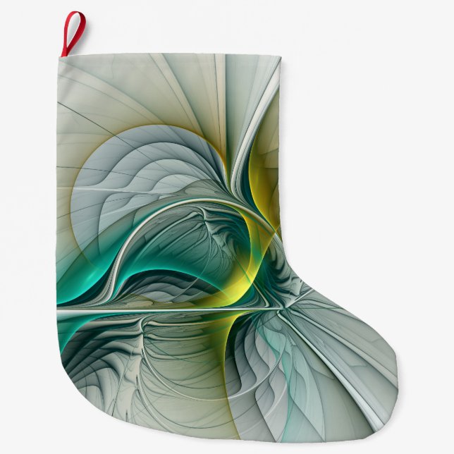 Hypnotic Abstract Golden Turquoise Teal Fractal Large Christmas Stocking (Front)