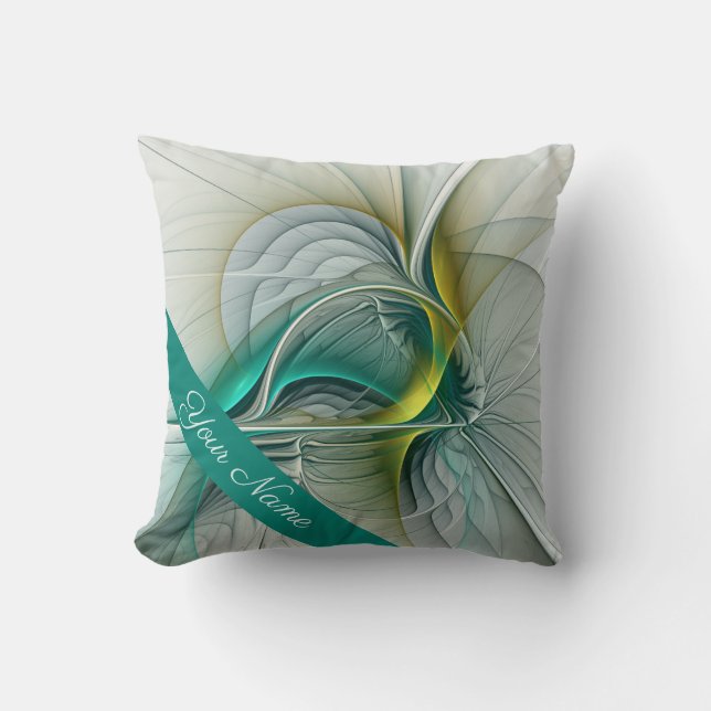 Hypnotic Abstract Golden Turquoise Teal Name Cushion (Front)