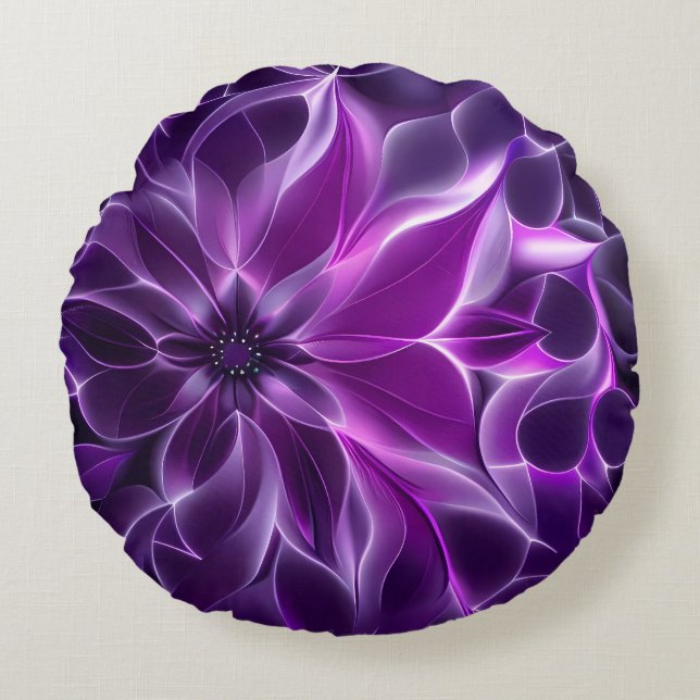 Hypnotic fractal deep purple flower  round cushion (Front)