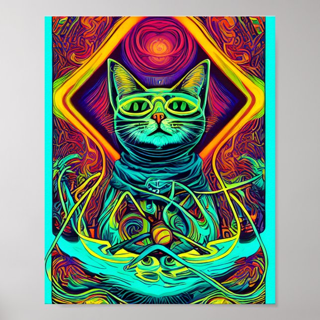 Hypnotic Illustration of a Colourful Cat   Poster (Front)