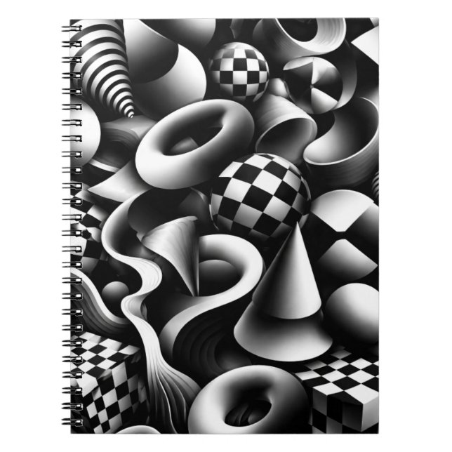 Hypnotic Monochrome Geometry – 3D Optical Illusion Notebook (Front)