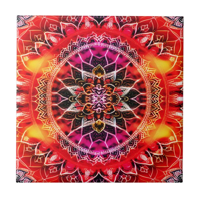 Hypnotic Red Mandala Ceramic Tile (Front)