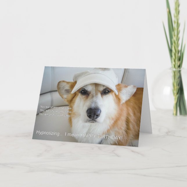 Hypnotising Corgi birthday card (Front)