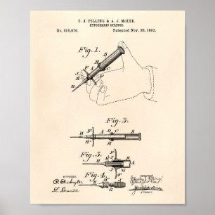 Hypodermic Syringe 1893 Patent Art Old Peper Poster