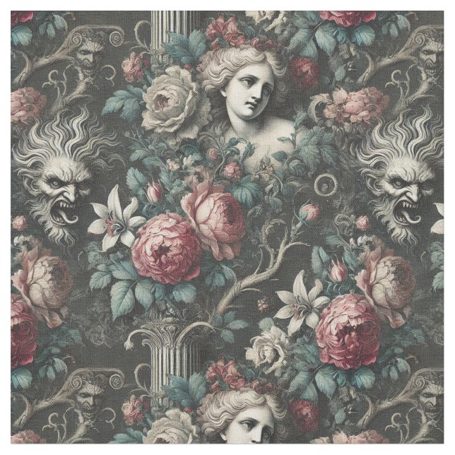 Hysteria Hides in the Blooms – Gothic Classic Tile Fabric (Close Up)