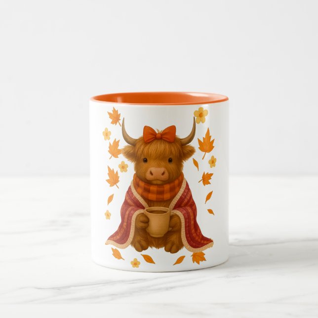 Hyturtle Fall Highland Cow Maple Leaves Coffee Mug (Center)