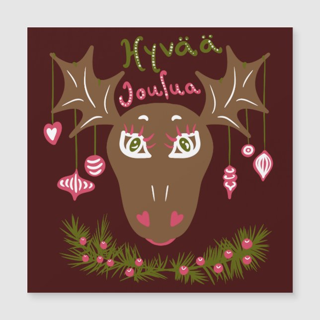 Hyvää Joulua Christmas cute moose with ornaments (Front)