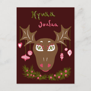 Hyvää Joulua Christmas cute moose with ornaments Holiday Postcard