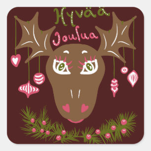 Hyvää Joulua Christmas cute moose with ornaments Square Sticker