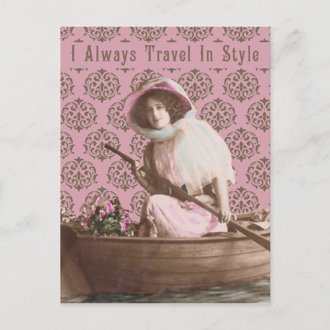 "I Always Travel In Style" Vintage Collage Postcard (Front)