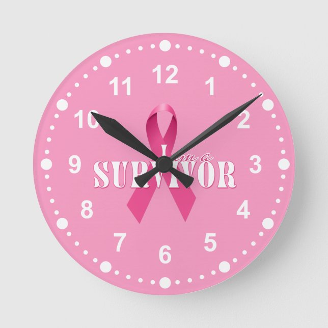I am a Survivor Pink Ribbon with White Numerals Round Clock (Front)