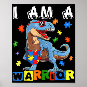 I Am A Warrior Autism Awareness Dinosaur Heart Puz Poster