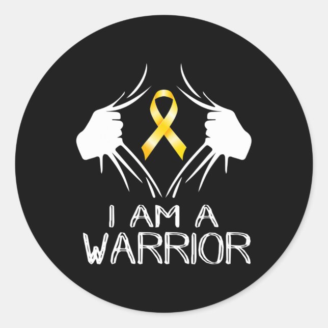 I Am A Warrior Childhood Cancer Awareness Gold Rib Classic Round Sticker (Front)