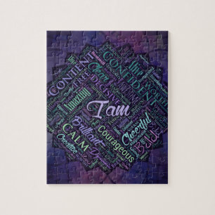 I am Affirmations Word Cloud Art in lotus Jigsaw Puzzle