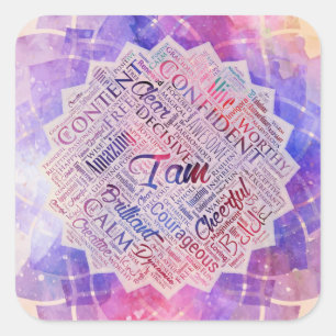 I am Affirmations Word Cloud Art in lotus Square Sticker