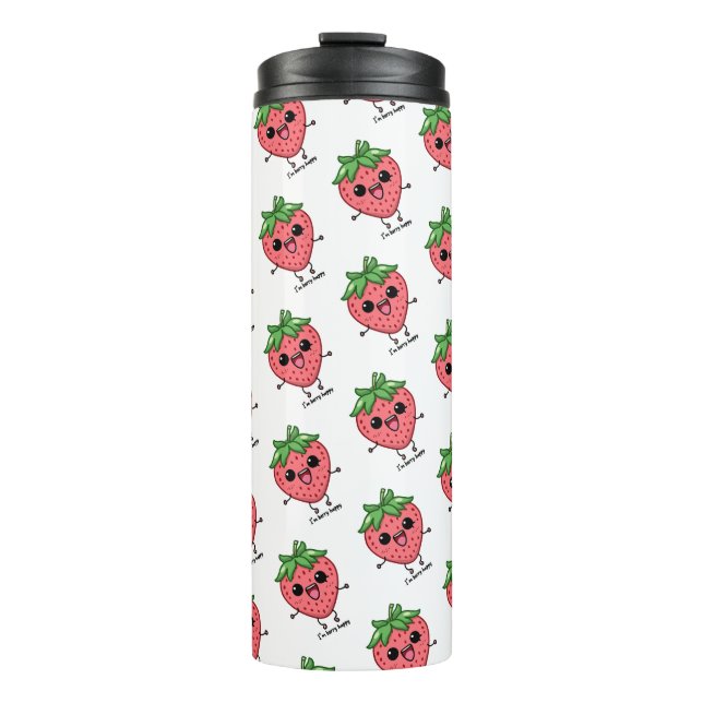 I am Berry Happy cute kawaii strawberry jumping Thermal Tumbler (Front)