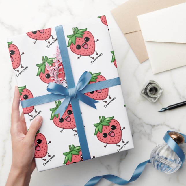I am Berry Happy cute kawaii strawberry jumping Wrapping Paper (Gifting)