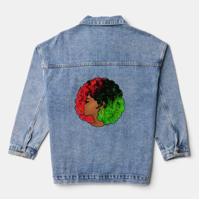 I am black history pan African flag afro women red Denim Jacket (Back)