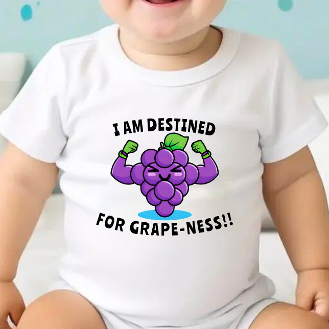 I Am Destined For Grape Ness Funny Fruit Pun Joke Baby Bodysuit (funny grape baby bodysuit with text " I am destined for grape-ness ")