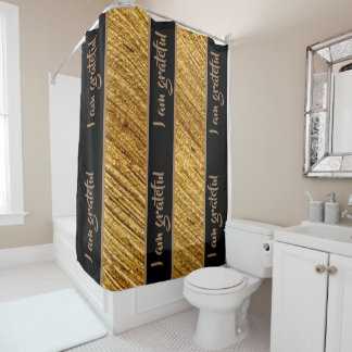 I am Grateful Shower Curtain Gold Brown Design