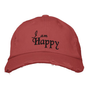 I Am Happy Quote Black Red Personalised Rustic Embroidered Hat