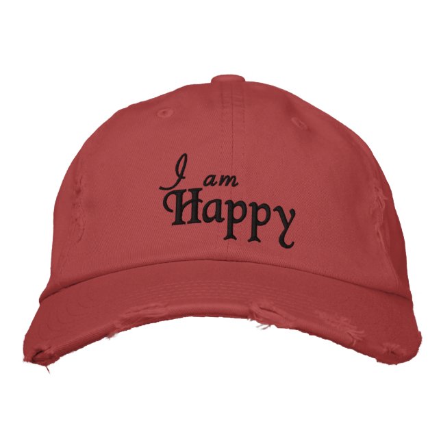 I Am Happy Quote Black Red Personalised Rustic  Embroidered Hat (Front)