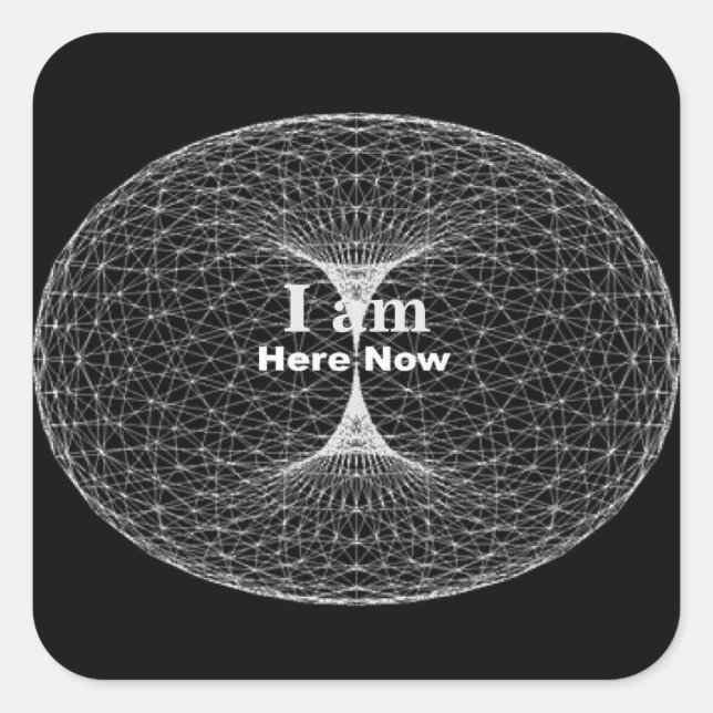 "I am here, now" black square sticker (Front)