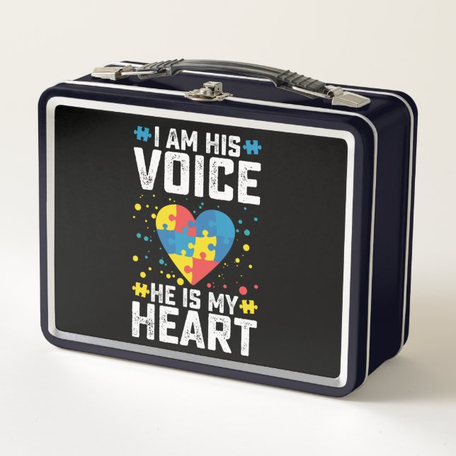 I Am His Voice He Is My Heart Autism Mum Dad Metal Lunch Box (Front)