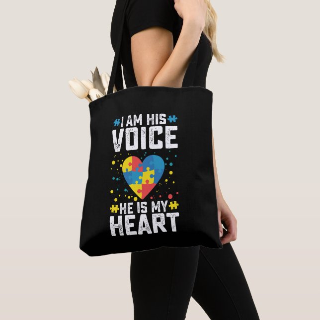 I Am His Voice He Is My Heart Autism Mum Dad Tote Bag (Close Up)