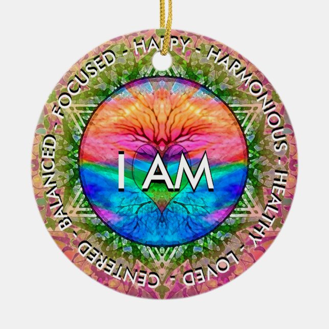 I AM Inspirational Message Rainbow Heart Tree Ceramic Ornament (Front)