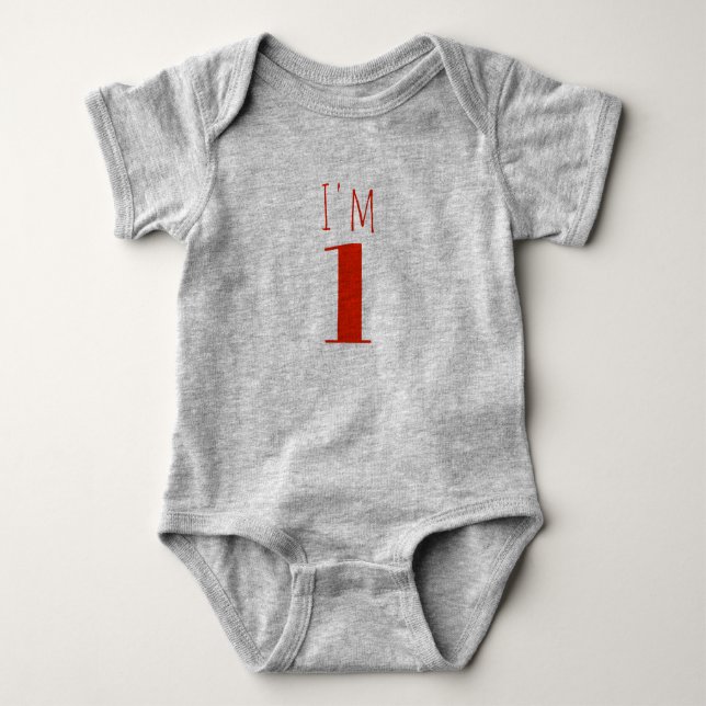 I am One Red Grey Birthday Baby Bodysuit (Front)
