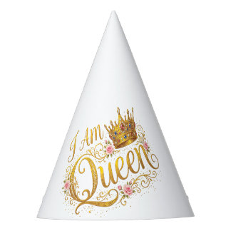 I Am Queen Golden Crown Floral Design Party Hat
