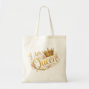 I Am Queen Golden Crown Floral Design Tote Bags