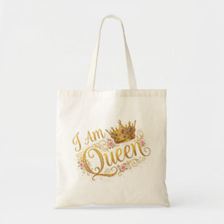 I Am Queen Golden Crown Floral Design | Tote Bags