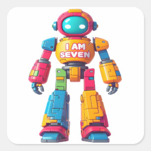 I Am Seven Robot for Kids 7th Birthday Robot Boy Square Sticker