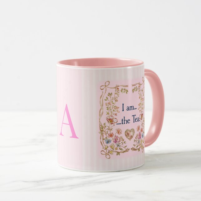 I am the Tea Inspired Coffee Mug – Pink & Monogram (Front Right)