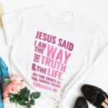 I am the Way T-shirt<br><div class="desc">Christian t-shirt with the biblical verse from John 14:6 Jesus told him, āI am the way, the truth, and the life. No one can come to the Father except through me". The verses are in blue pastel colors and in mixed calligraphy & minimalist typography. This trendy, modern faith design is...</div>