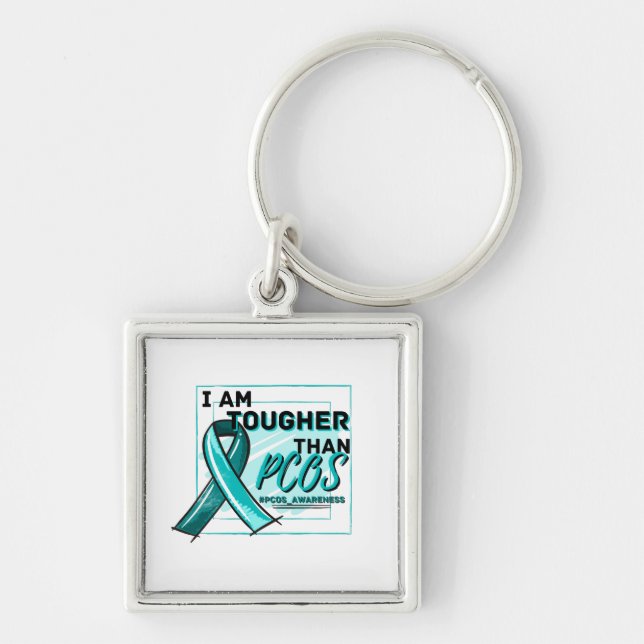 I AM TOUGHER THAN PCOS AWARENESS Teal Ribbon Key Ring (Front)