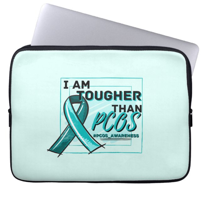 I AM TOUGHER THAN PCOS PCOS AWARENESS Teal Ribbon Laptop Sleeve (Front)