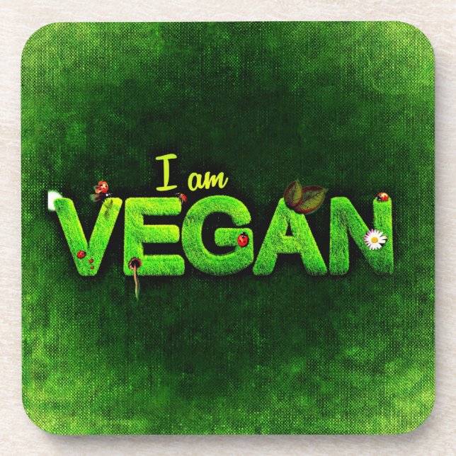 I Am Vegan Written With A Grassy Nature Texture Coaster (Front)