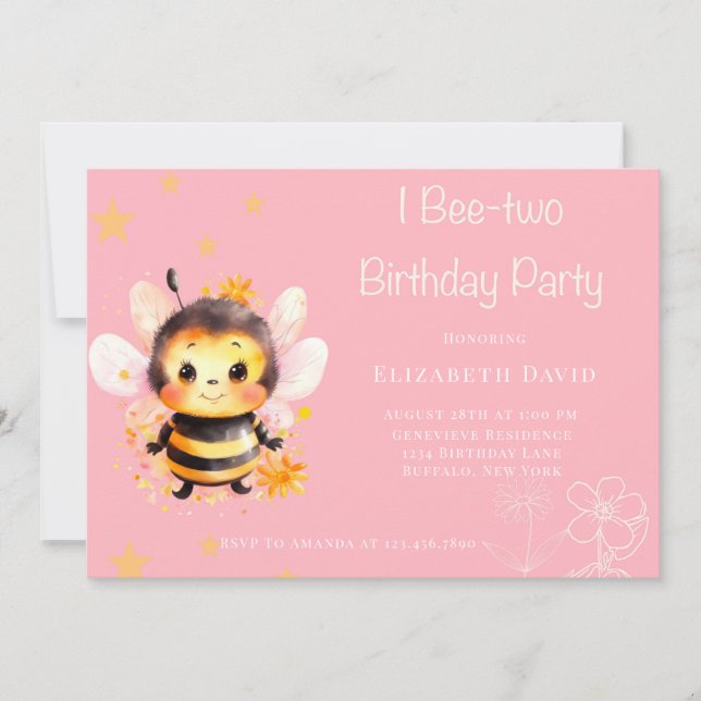 I Bee-Two Girl Birthday Party Invitation (Front)