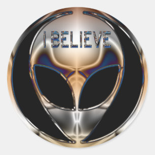 I BELIEVE CHROME ALIEN HEAD CLASSIC ROUND STICKER