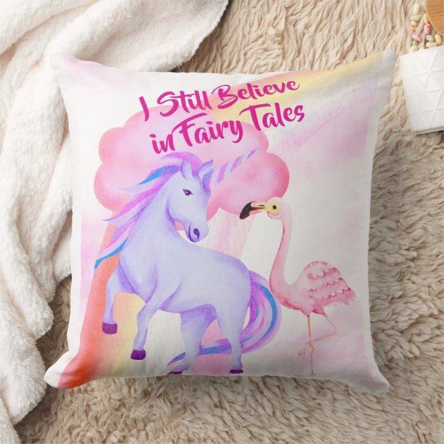 I Believe in Fairytales Unicorn Rainbow Flamingo Cushion (Blanket)