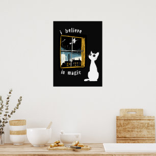 I Believe In Magic Vintage Linocut White Cat Witch Poster