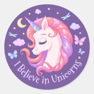 I Believe in Unicorns Purple Pastel Pony Girly Classic Round Sticker