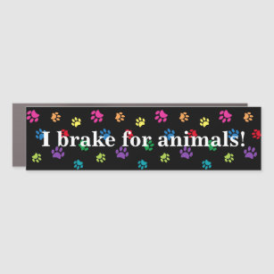 I Brake for Animals! Colourful Paw Prints Black Car Magnet